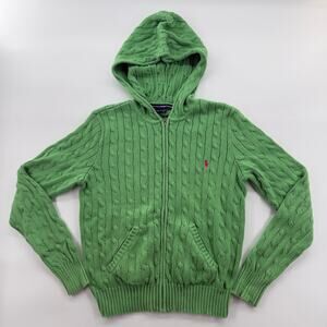 Ralph Lauren Sport Women’s Green Cable Knit Full Zip Hoodie Sweater Size L